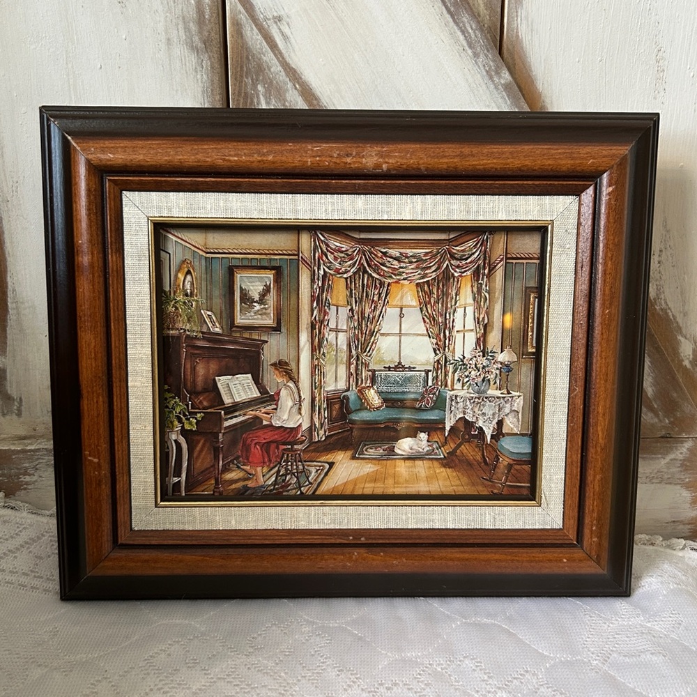 Girl playing piano print wood frame picture vintage decor white cat cottagecore